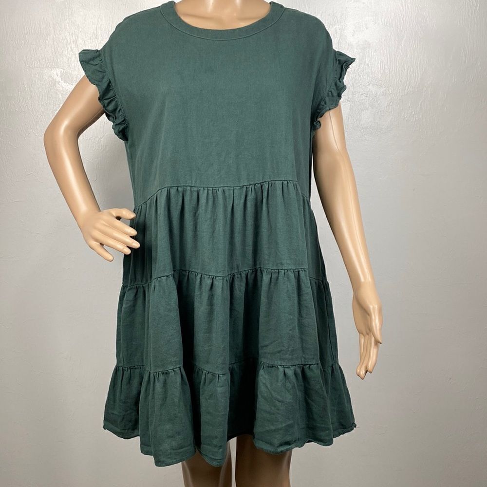 Adyson Parker Green Linen Tiered Shift Mini Dress Size L